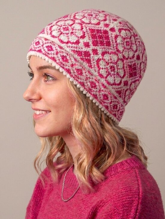 Hand Crafted Accessories - Hand Crafted Handmade Hand Knit Flower Beanie Hat with Picot Edging - Adult Size